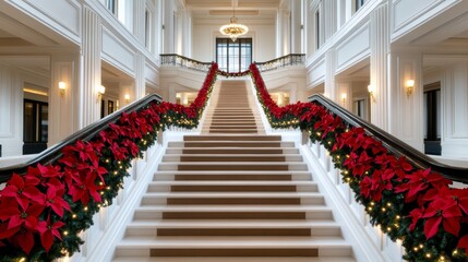 Obraz premium wide-angle view of a hotel's grand staircase adorned with garlands, lights, and poinsettias, elegant holiday decor 