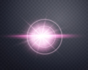 Pink sunlight lens flare, sun flash with rays and spotlight. Glowing burst explosion on a transparent background.