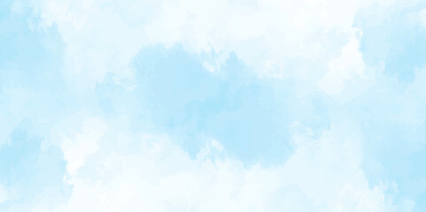 Blue sky with clouds. Light sky blue shades watercolor background. Sky Nature Landscape Background. sky background with white fluffy clouds.><	