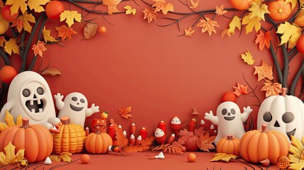 Naklejka premium Whimsical frame with candy corn and smiling ghosts, perfect for festive social media posts