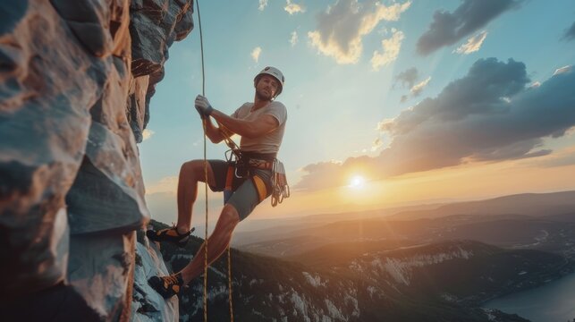 Muscular climber man in protective helmet abseiling from cliff rock wall using rope Belay device and climbing harness on evening sunset sky background. Active extreme sports time spending concept.