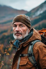 Fototapeta premium Senior Man Hiking in Autumn Mountains with Backpack and Warm Clothing, Exploring Nature and Outdoor Adventure