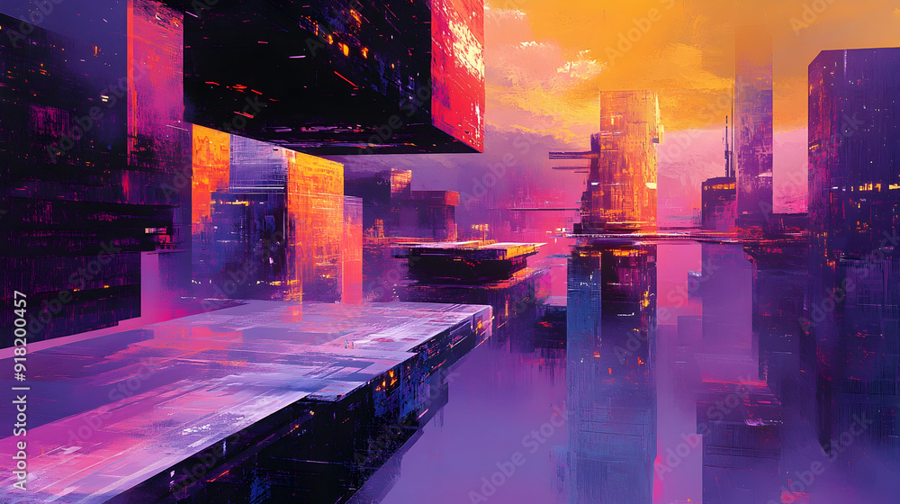 Poster abstract urban space with floating structures and radiant colors - an illustration of an abstract ur