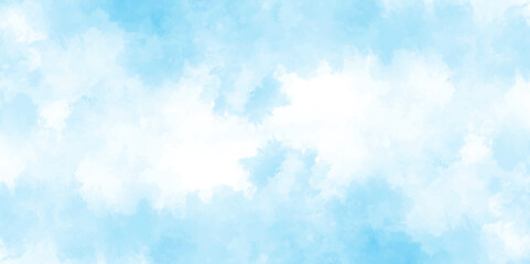Blue sky with clouds. Light sky blue shades watercolor background. Sky Nature Landscape Background. sky background with white fluffy clouds.><	