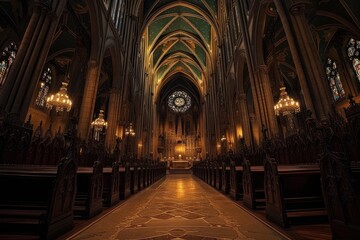 Fototapeta premium Atmospheric view of a gothic cathedral's ornate interior with stained glass windows and arches