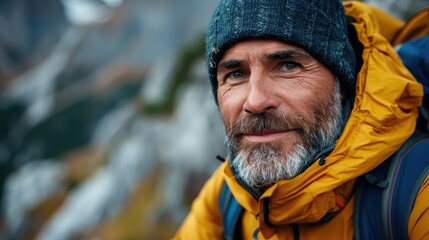 Mature Man in Outdoor Gear Smiling During Mountain Hike on a Crisp Autumn Day