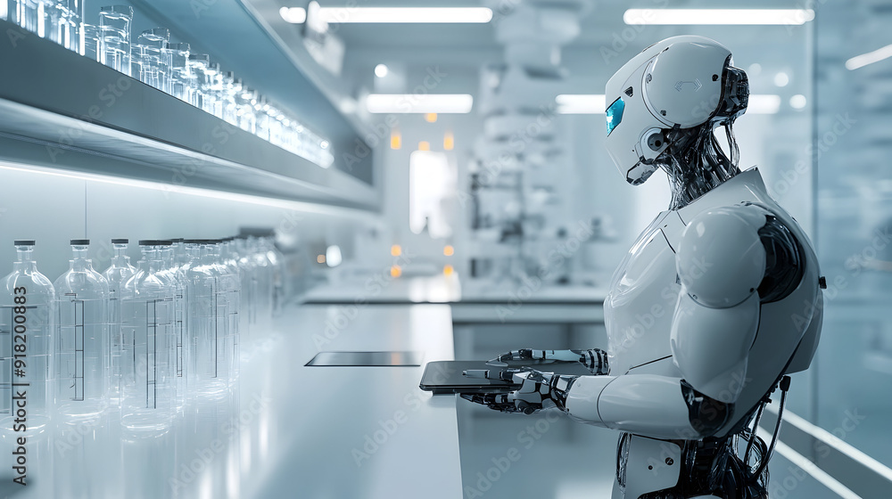 Poster a detailed digital render of an advanced ai robot working in a sleek, modern laboratory with high-te