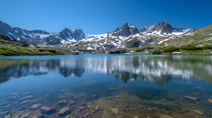 Tranquil Mountain Lake with Crystal-Clear Water Reflecting Snow-Capped Peaks and a Clear Blue Sky, Exuding Calm and Peace for Wellness and Outdoor Adventure Themes