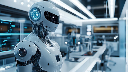 Advanced AI Robot in a Modern Laboratory - A detailed digital render of an advanced AI robot working in a sleek, modern laboratory with high-tech equipment