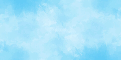 Blue sky with clouds. Light sky blue shades watercolor background. Sky Nature Landscape Background. sky background with white fluffy clouds.><	