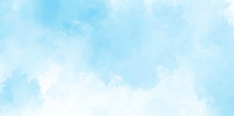 Blue sky with clouds. Light sky blue shades watercolor background. Sky Nature Landscape Background. sky background with white fluffy clouds.><	