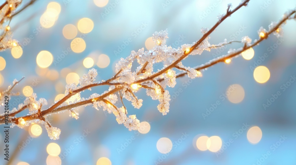 Aufkleber frost-covered branches adorned with soft bokeh lights create a magical winter atmosphere