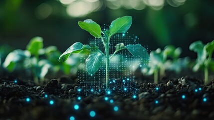A young seedling with virtual technology overlays, representing the future of agriculture and sustainable farming.