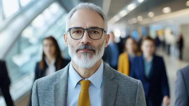 A group of professional individuals strides through a sleek corporate corridor, engaged in their daily activities