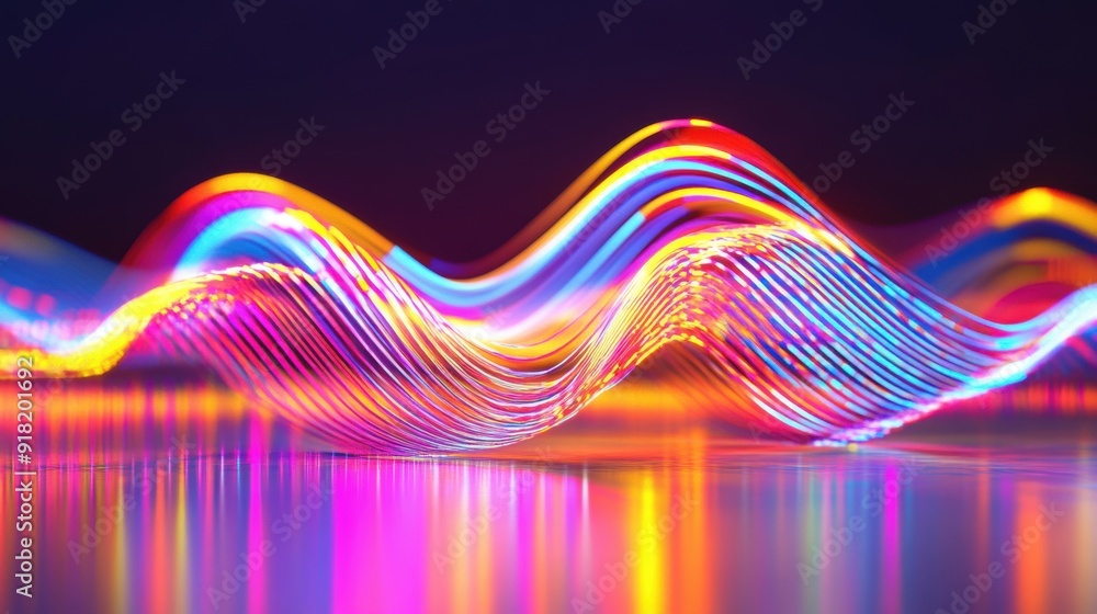 Poster neon light waves undulate gracefully, showcasing colorful patterns against a dark background