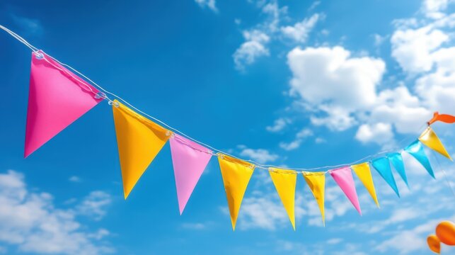 A vibrant collection of pennants swaying gently under a sunny sky adds a festive touch to the outdoor gathering