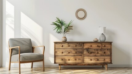 Chest of drawers with decor and armchair near white wall, room for text. Interior design