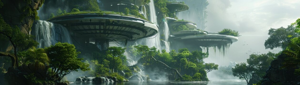 Futuristic Floating Cities Amidst Lush Waterfalls and Verdant Forests in a Sci-Fi Landscape