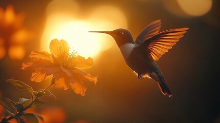 Obraz premium Hummingbird hovering near flower during golden hour