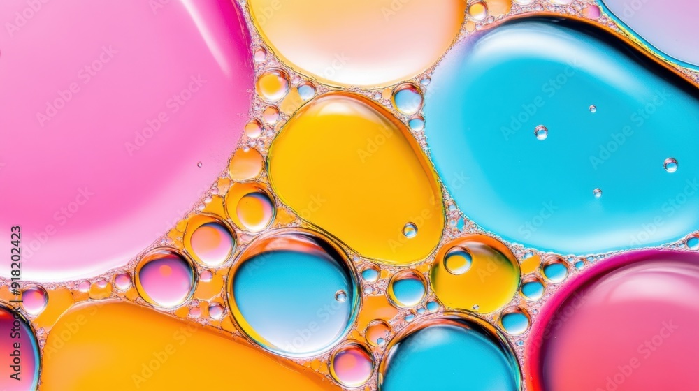 Poster vibrant oil and water bubbles float in a stunning display of colors and shapes, creating an abstract
