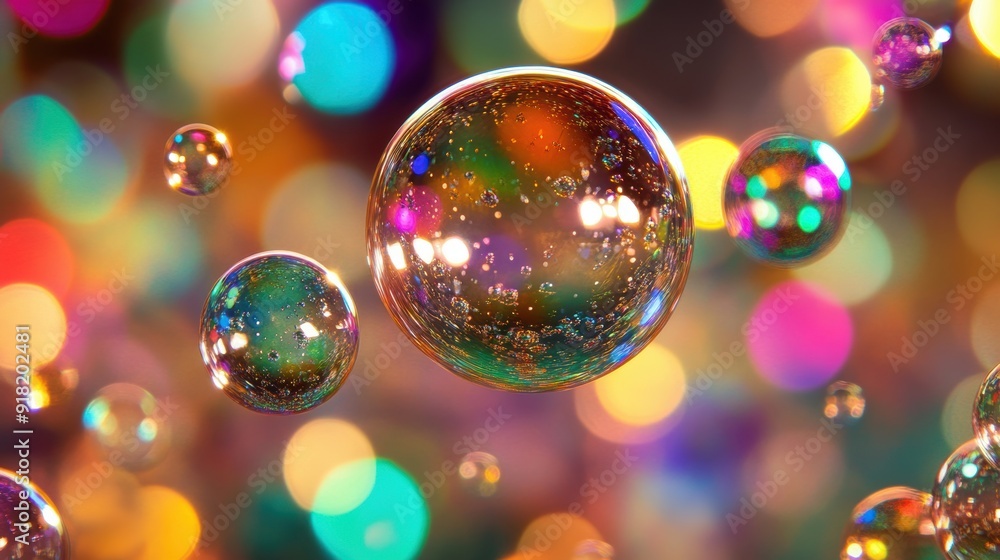 Poster bubbles of various sizes shimmer and reflect light against a dark backdrop, creating a lively and co