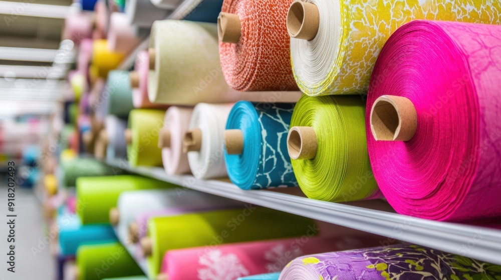 Poster brightly colored fabric rolls are neatly displayed on shelves in a retail store, highlighting variou