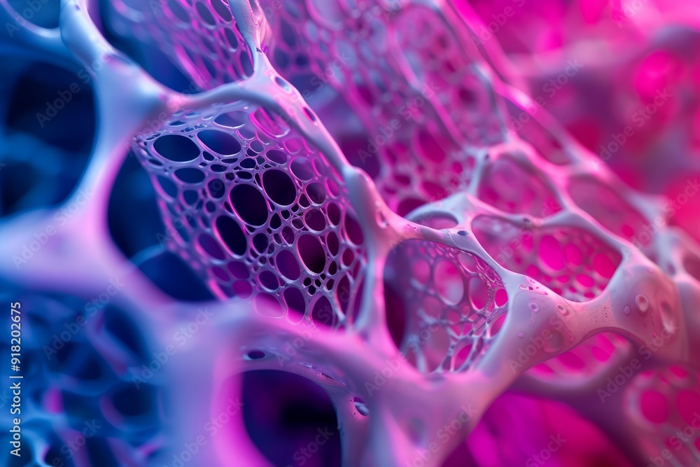Poster mesmerizing closeup of vivid microscopic bubble structure with abstract blue and pink patterns, capt