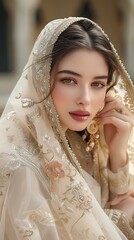 Beautiful Woman in Veil with Intricate Jewelry and Makeup