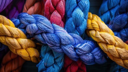 Colorful Braided Ropes Close-Up - Vibrant Textures and Patterns in Blue, Red, and Yellow