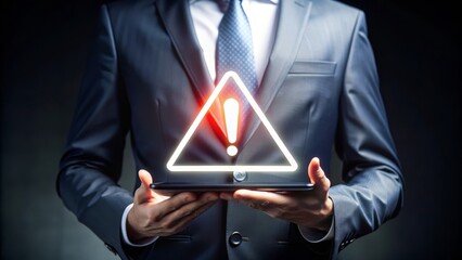 Businessman Holding a Warning Sign on Tablet.