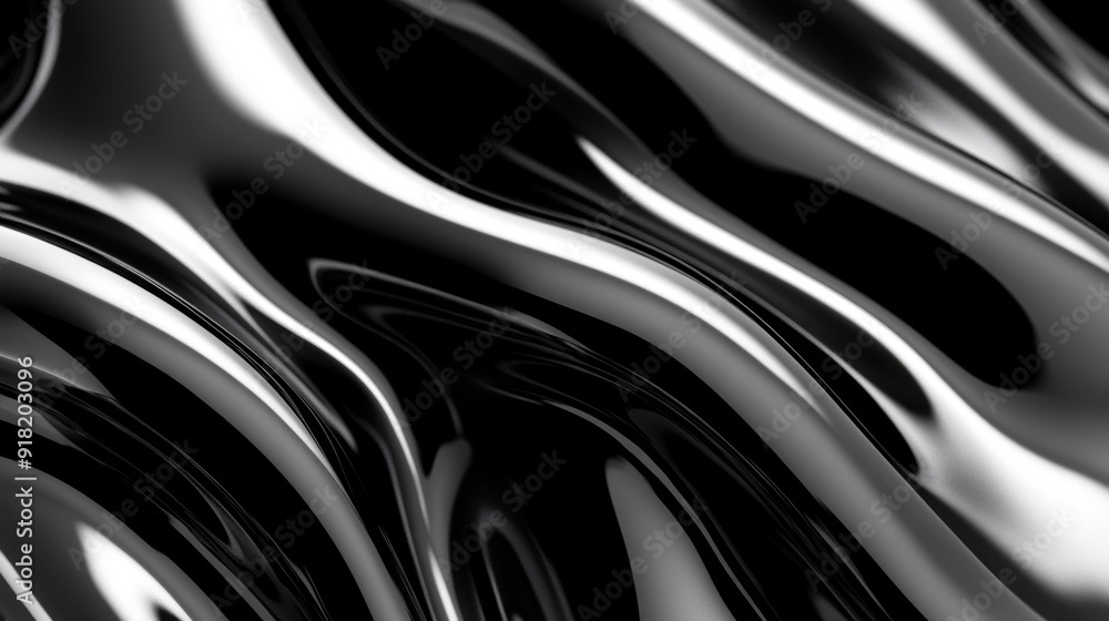 Poster curved black liquid waves gracefully ripple and interact, creating an intriguing abstract compositio