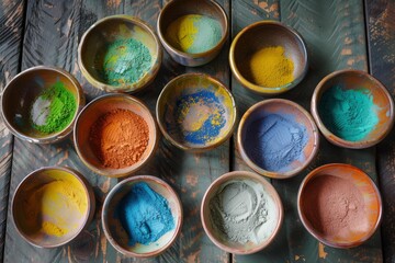Top view of vibrant powder pigments in earthenware bowls placed artistically on a rustic wooden table