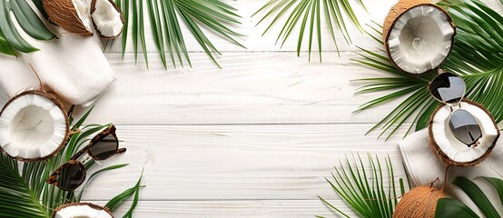 Coconut halves and palm leaves arranged on a white wooden surface, creating a tropical, summery aesthetic.