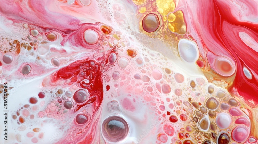 Poster swirling patterns of red, gold, and earthy tones create a mesmerizing display of abstract fluid art