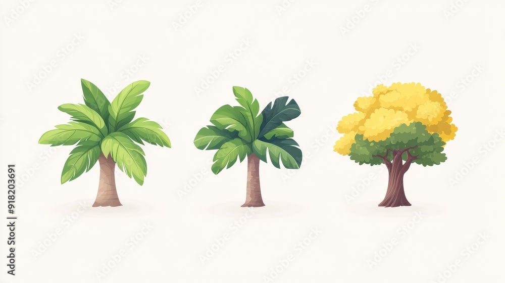 Poster Illustration of Three Distinct Trees in Various Colors