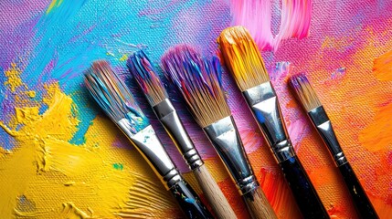 Obraz premium Overhead shot of used paintbrushes resting on a brightly colored canvas, with paint smudges and strokes in various hues.