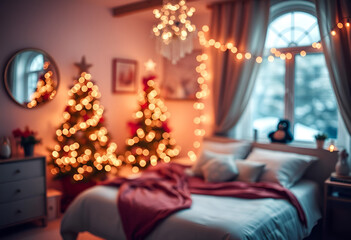 Bedroom decorated at night christmas night, blurred background, ornaments, happy year, lighting