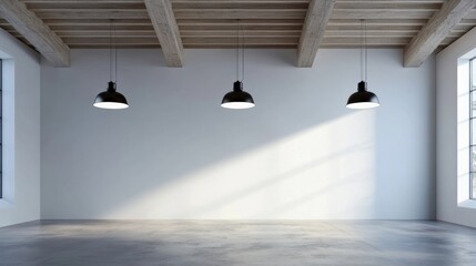 An empty studio with a lighting setup and large windows allowing natural light to stream in