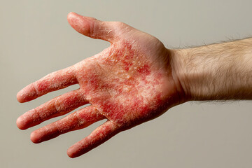 A close-up of a hand with noticeable skin condition, showcasing redness and texture, symbolizing health and dermatological issues.
