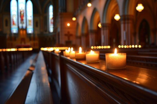 Softly lit candles line church pews, creating a peaceful atmosphere in a tranquil religious sanctuary