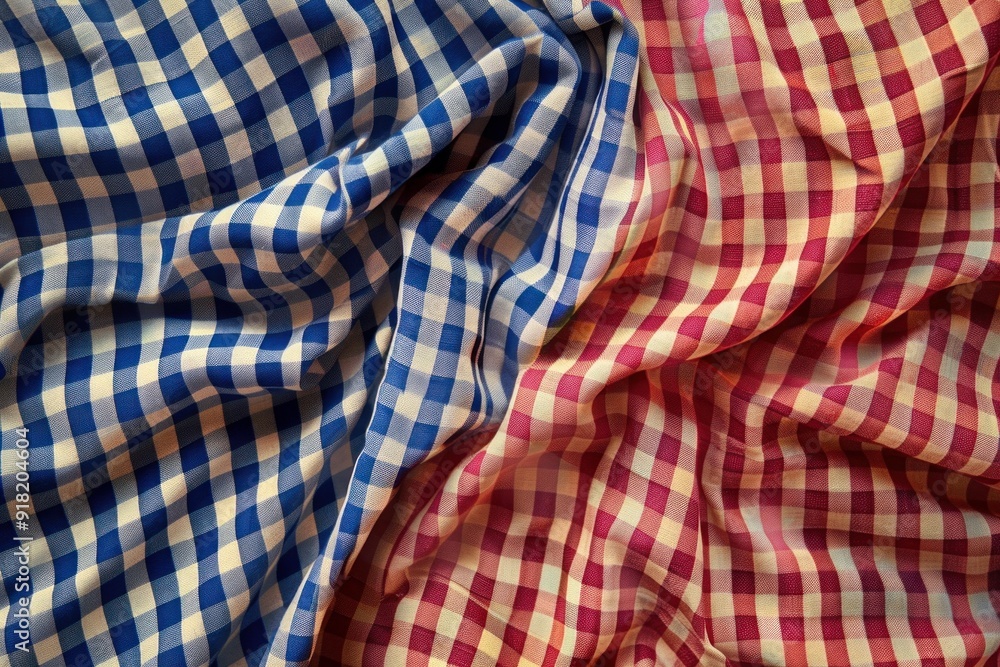 Poster closeup of intertwined blue and red gingham checks creating a vibrant pattern