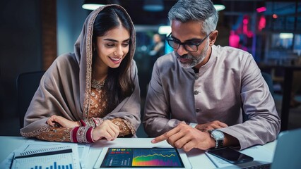 Two colleagues discussing a financial chart on a tablet in an office.