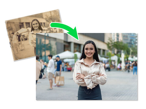 Photo restoration service - converting an old photo into a newer colorized photo. AI photo editing concept. Vintage effects.