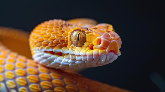 Close-up of a copperhead snake with vibrant yellow and orange scales,
