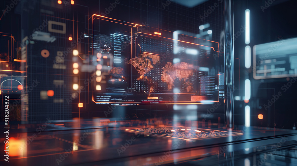 Poster digital business financial transactions information data floating holograms, online banking data vis