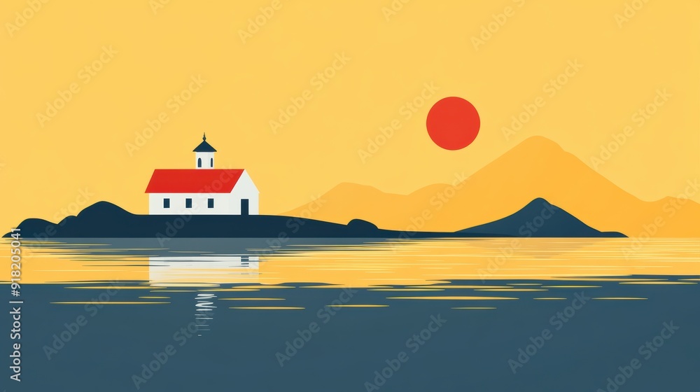 Wall mural Minimalist Landscape with House and Sunset Reflection