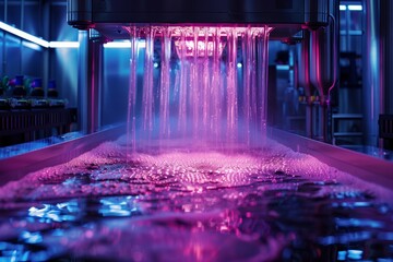 Catalytic Cascade. Streams of liquid illuminated by pink and purple light, cascading into a reflective surface in an industrial setting. Ideal for futuristic or technological themes. Photo, horizontal