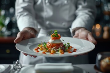 Naklejka premium Chef's Signature Dish Presentation. Chef's Dish. A chef presenting a gourmet dish in a restaurant. Ideal for culinary or restaurant marketing. Photo, horizontal format. 