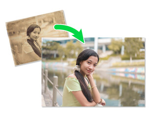 Photo restoration service - converting an old photo into a newer colorized photo. AI photo editing concept. Vintage effects.
