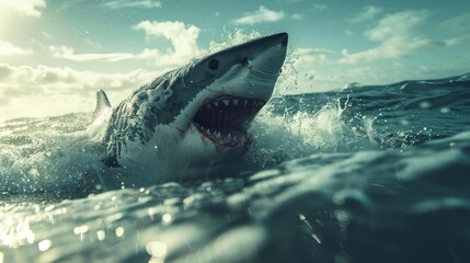 Fototapeta premium A large white shark swims through the water near a shore,